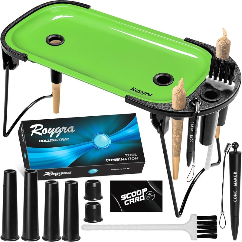 roygra طقم صينية قابلة للطي مع محمل مخروط، آلة تعبئة مخروط - آلة لف مسبقة، آلات لف معدنية لمخاريط بحجم الملك، بحجم 1-1/4 أو 70 مم، ملحقات التدخين، 9 × 4 بوصة - أخضر - Image 1